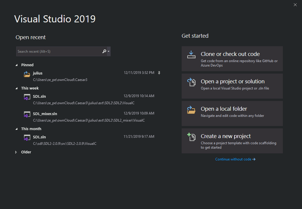 Visual Studio 2019 Startup window