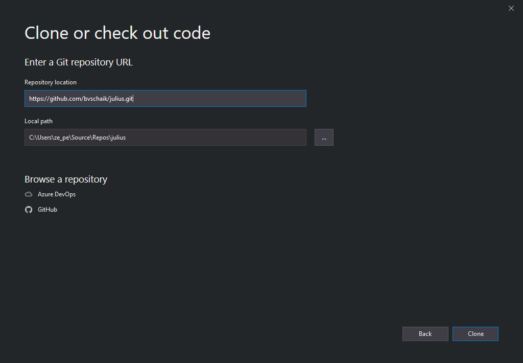 Visual Studio 2019 Clone or check out code window