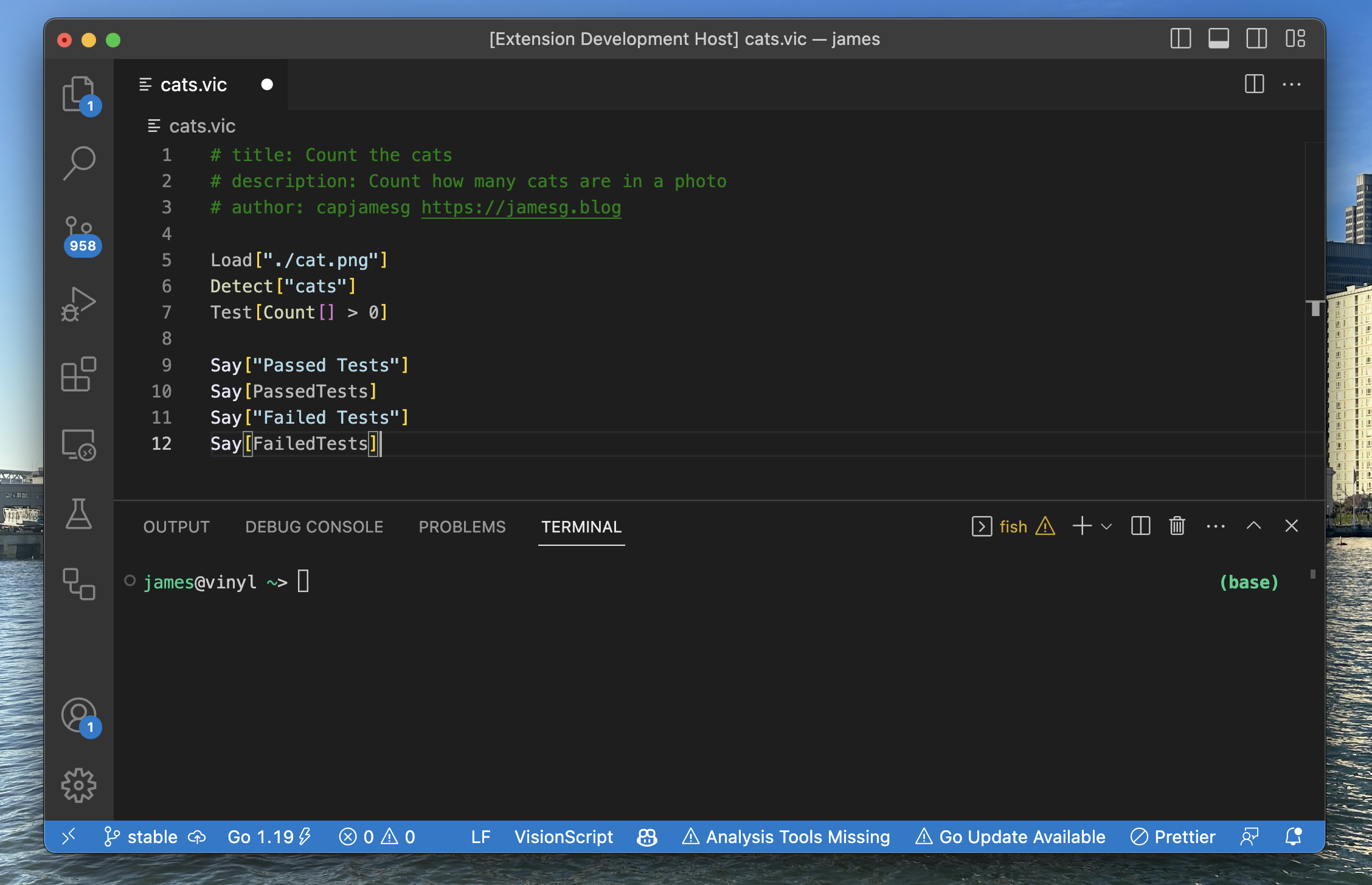 VisionScript syntax highlighting extension active in a Visual Studio Code editor