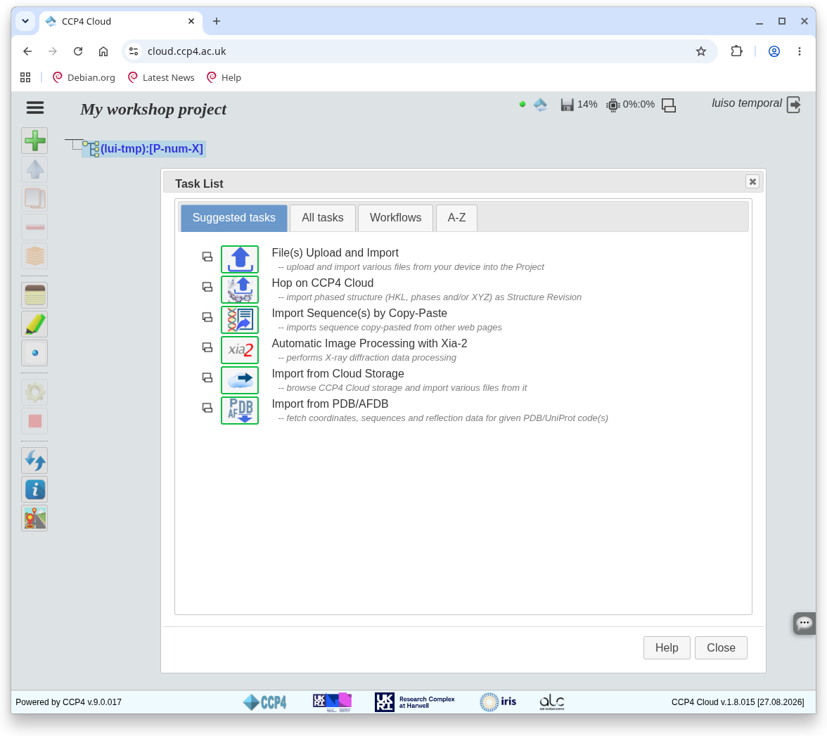 CCP4 Cloud task list, ready to add a new task