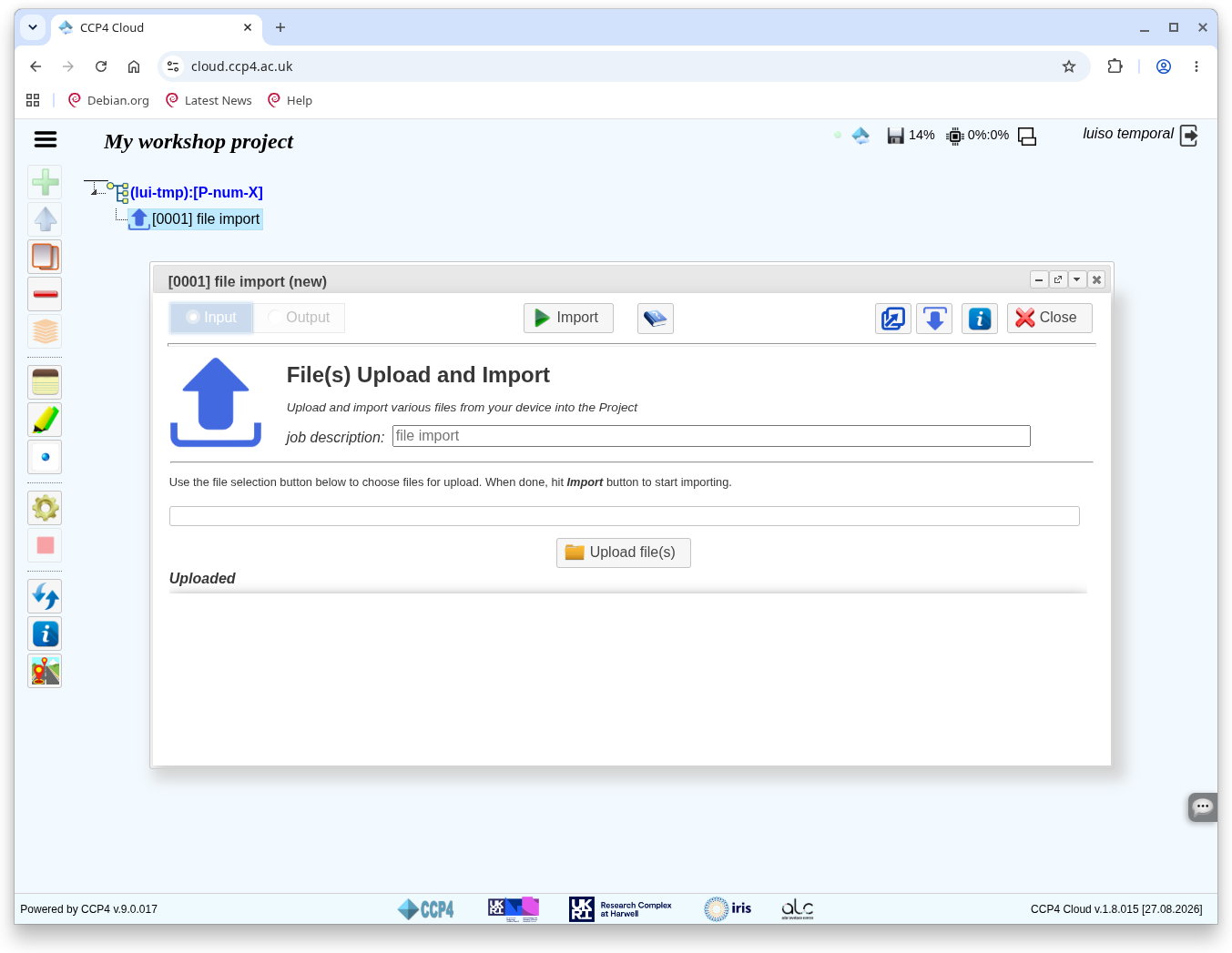 The "File import (new)" dialog with the Upload file(s) button