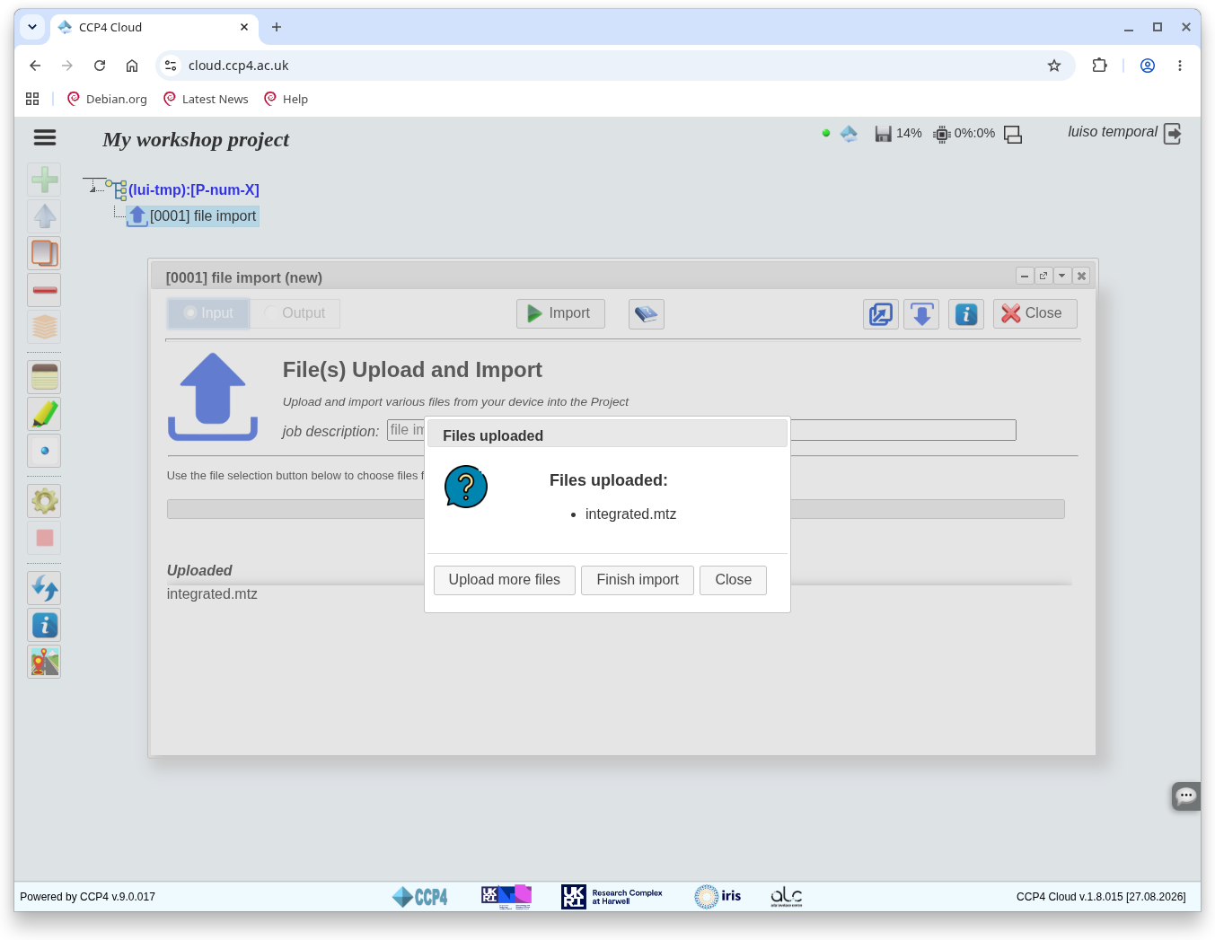 Upload confirmation dialog with a Close button