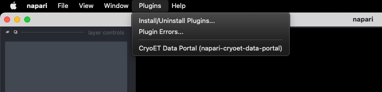 The napari plugin menu showing the CryoET Data Portal item
