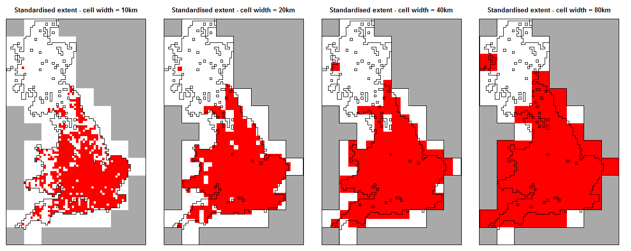 Upgrained presence (red cells) and absence (white cells) maps for a UK species after standardising extent to the largest grain size. Unsampled cells are dark grey. The extent of the atlas data is extended to that of the largest grain size by assigning absences to unsampled cells.