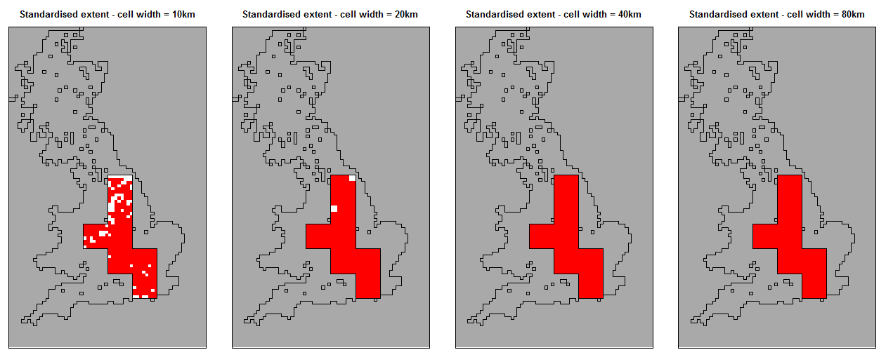 Upgrained presence (red cells) and absence (white cells) maps for a UK species after standardising extent to those cells at the largest grain size that solely contain sampled atlas data. Sampled cells outside the selected cells are assigned as No Data (dark grey).