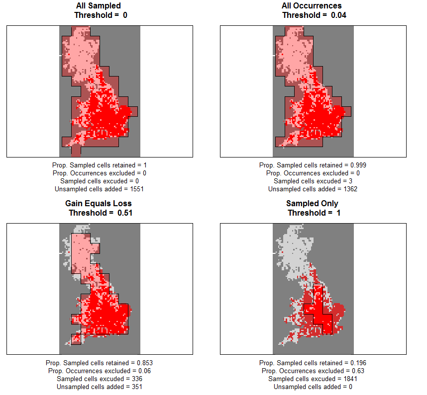 Maps of the atlas data (red = presence; light grey = absence; unsampled = dark grey) overlain with polygons showing the standardised extent after applying each of four possible thresholds.