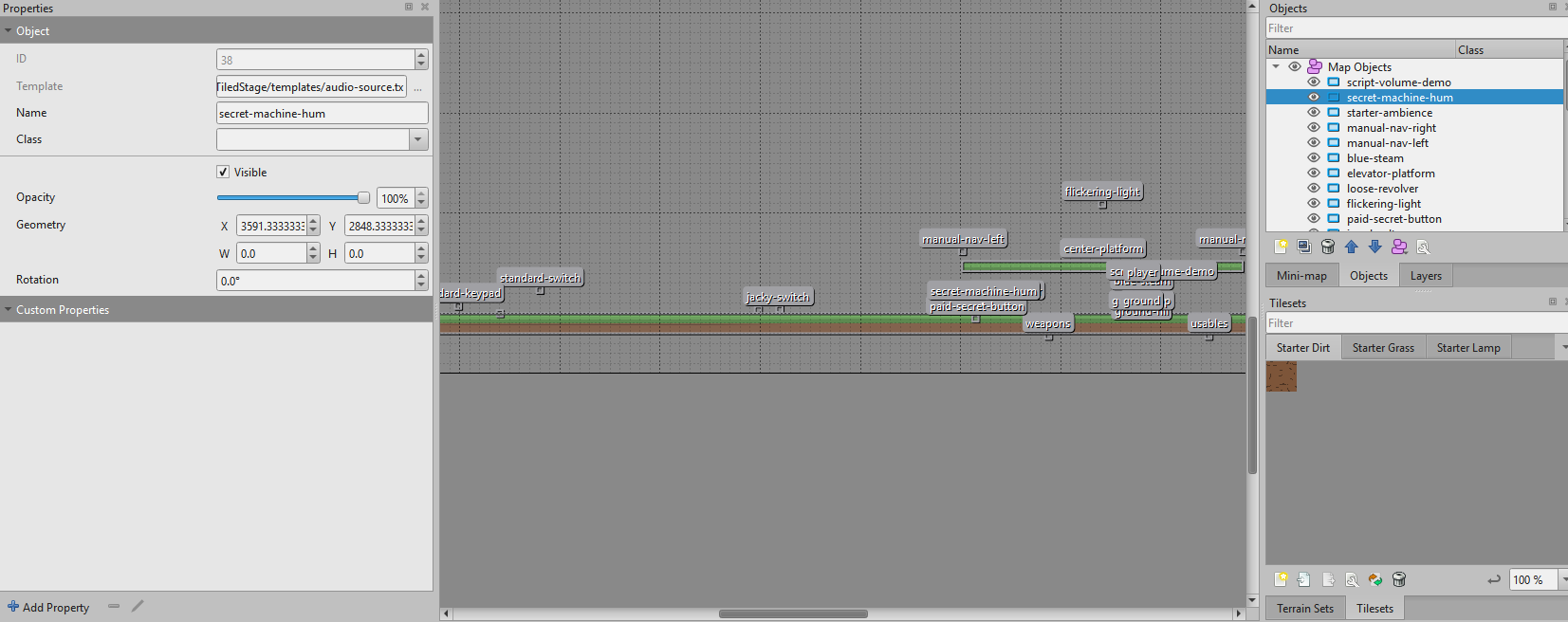 A template-backed stage object selected in Tiled