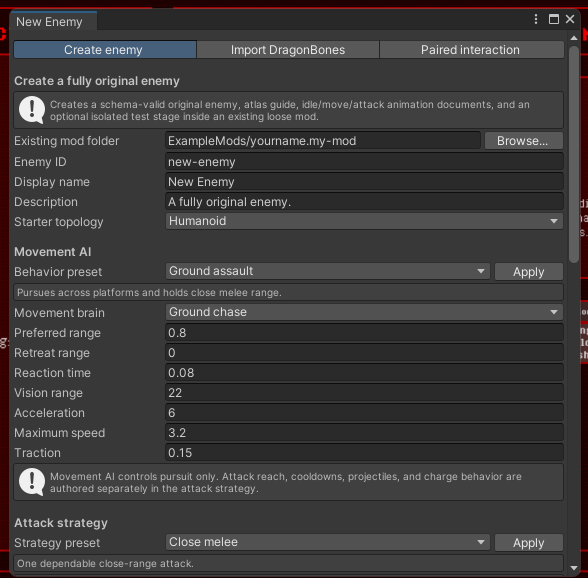 Unity Create Original Enemy window