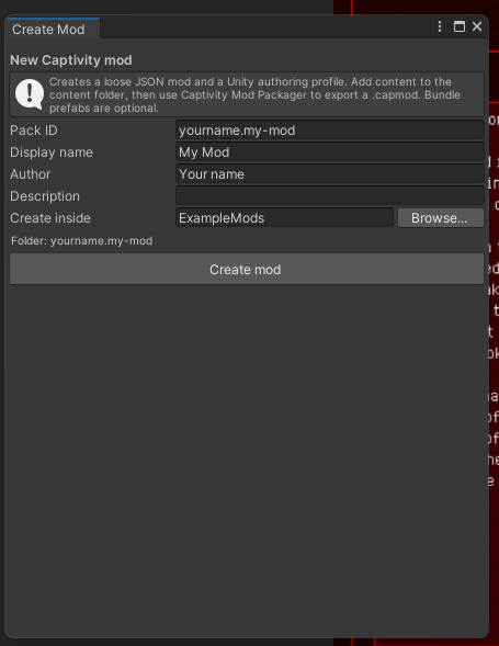Unity Create Mod window