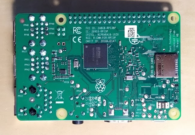 Back of the Raspberry Pi 3 Model B+ single board computer