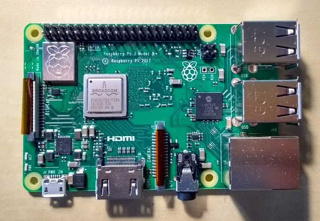 Front of the Raspberry Pi 3 Model B+ single board computer