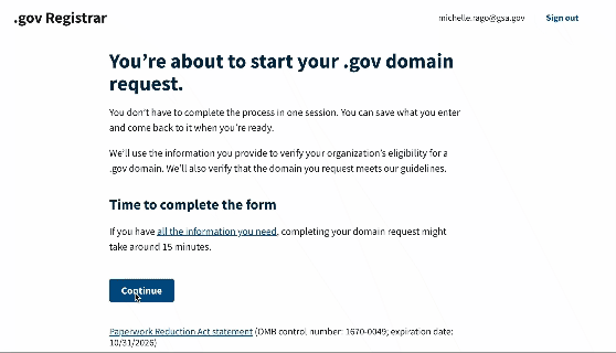 Gif of the first few screens of the new .gov domain request form