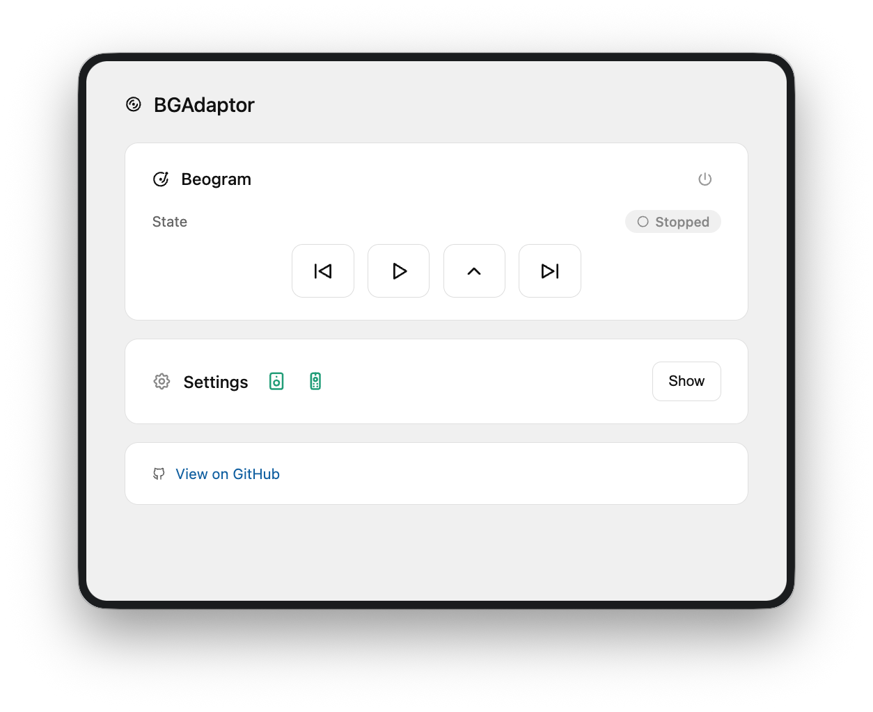 BGAdaptor control page front page, showing the Beogram card with State and Play/Stop/Next/Previous buttons, and the Settings section