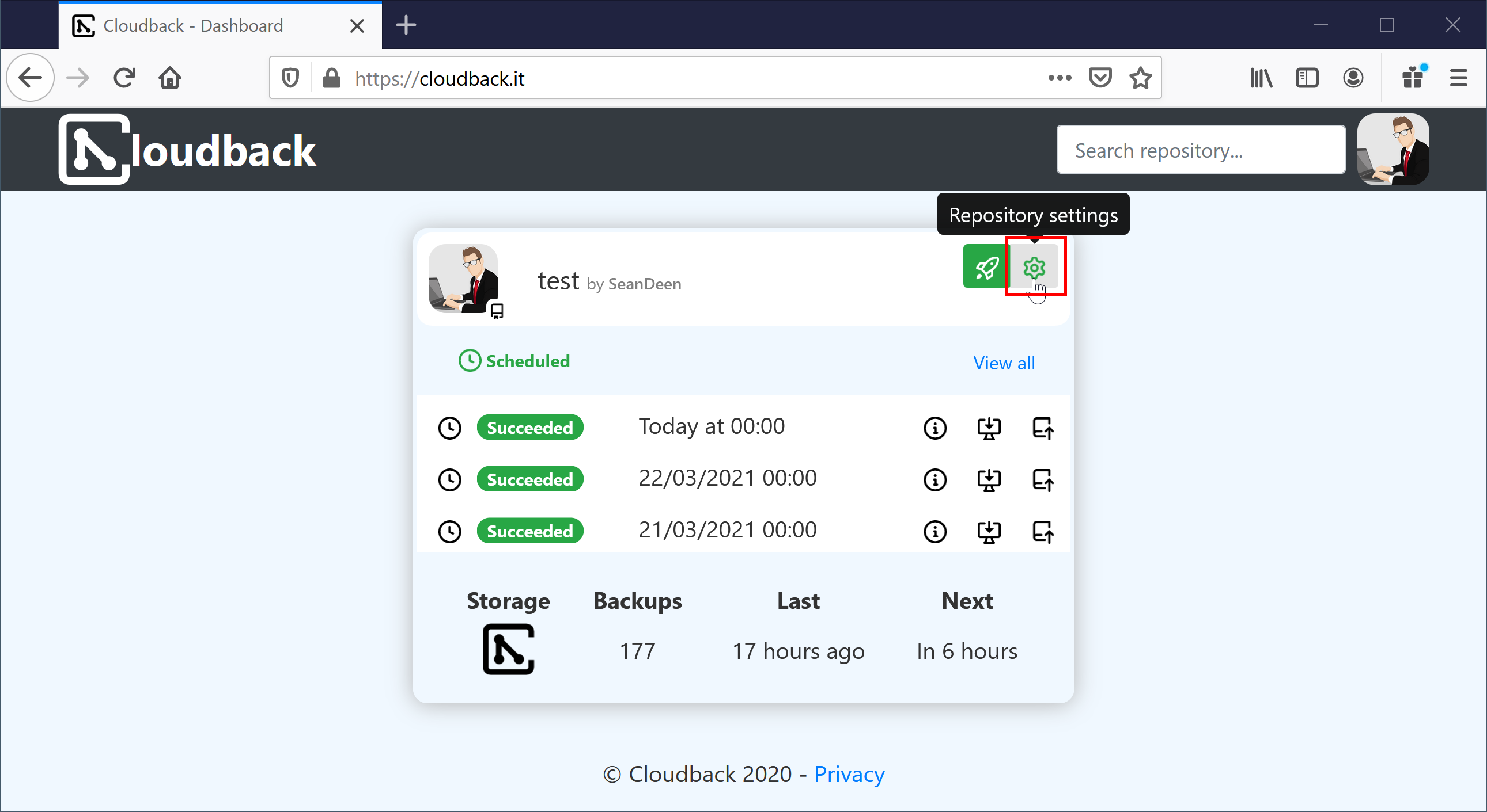 Open GitHub repository settings from Cloudback dashboard