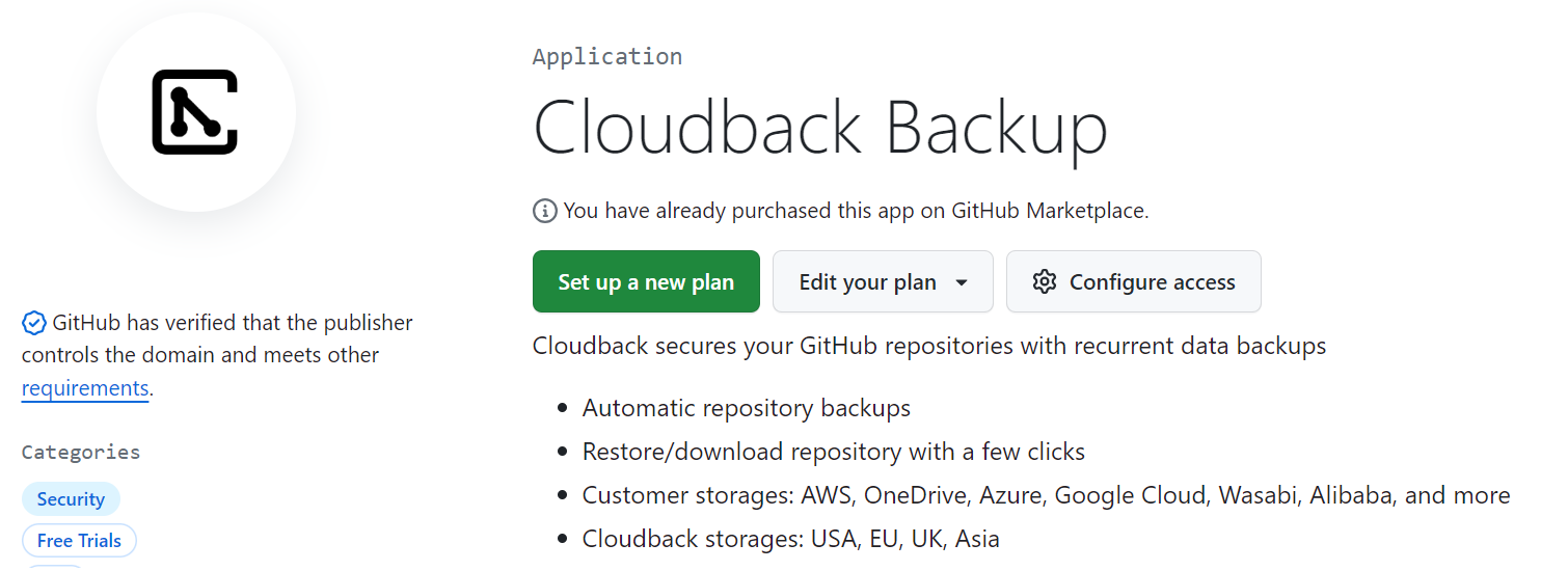 Cloudback application on GitHub Marketplace