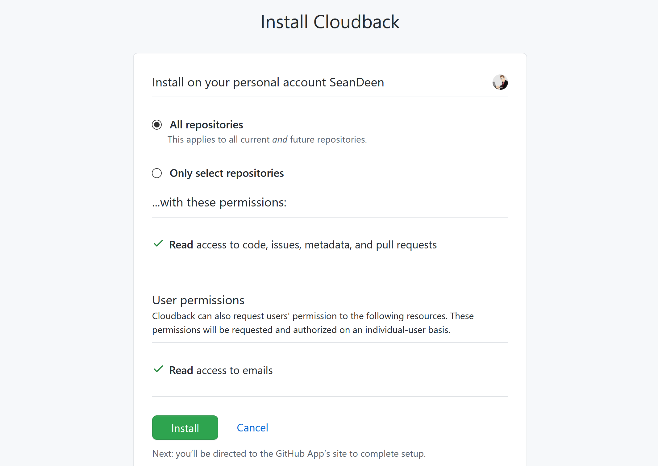 installing Cloudback from GitHub Marketplace