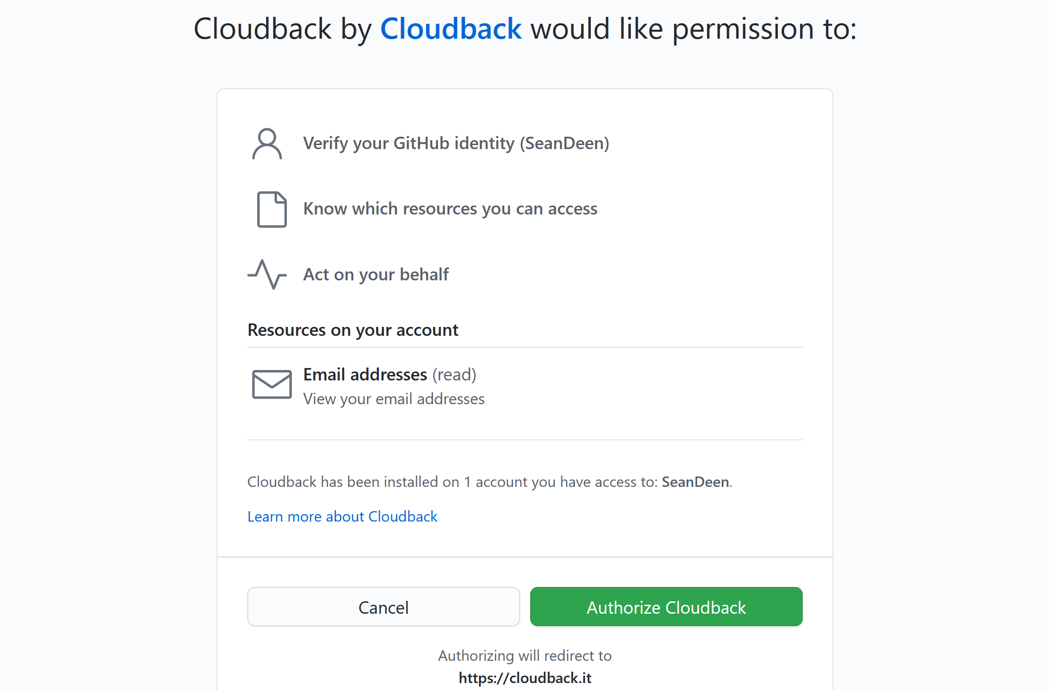 review Cloudback permissions and authorize application