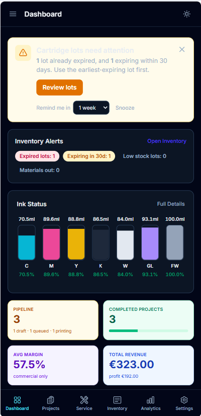 InkTracker running full-screen on a phone
