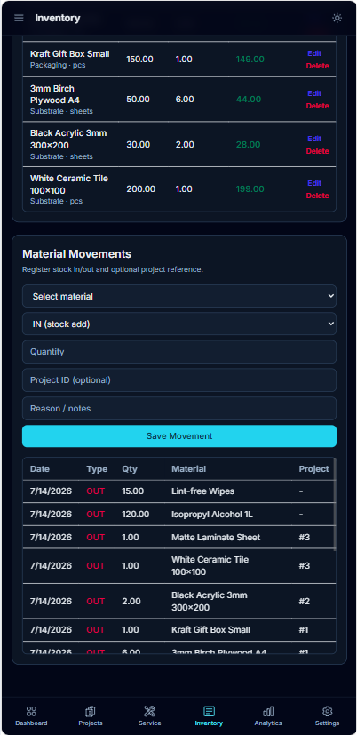 Material movement logs on mobile