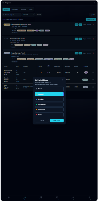 Set project status on mobile