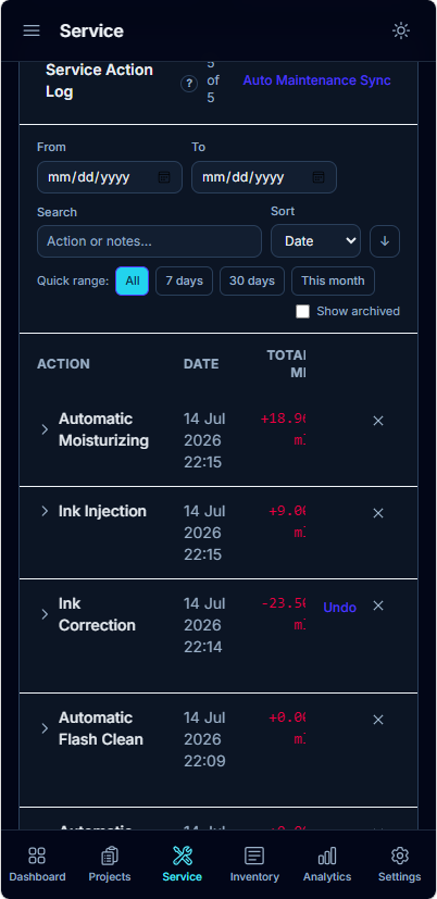 Service action log on mobile