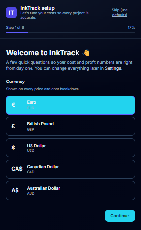 Setup wizard step 1 — choose your currency