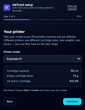 Setup wizard step 2 — choose your printer