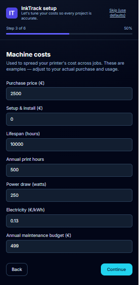Setup wizard step 3 — machine costs