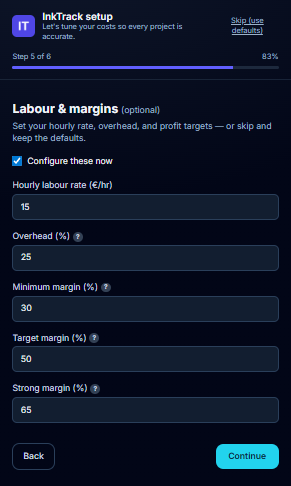 Setup wizard step 5 — labour and margins