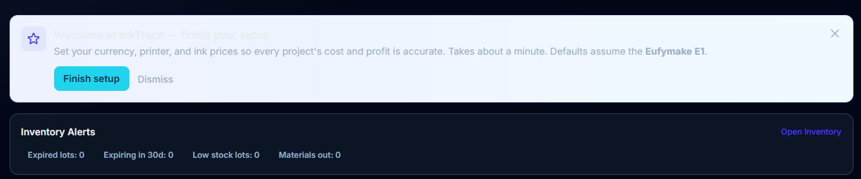 Dashboard "Finish your setup" banner
