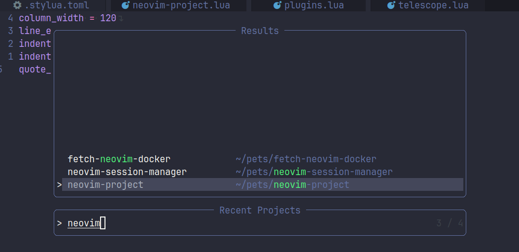 Neovim project manager plugin dracula theme