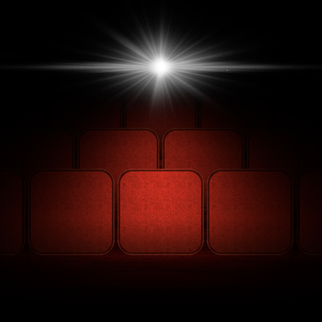 App Icon. It is dark red and black color with a white lens flare at the top. It is designed to resemble a movie theatre.