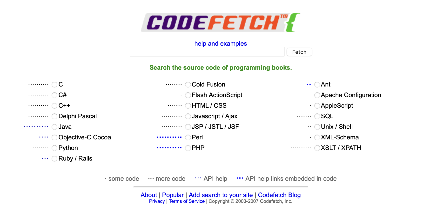 Screen capture of Codefetch home search interface
