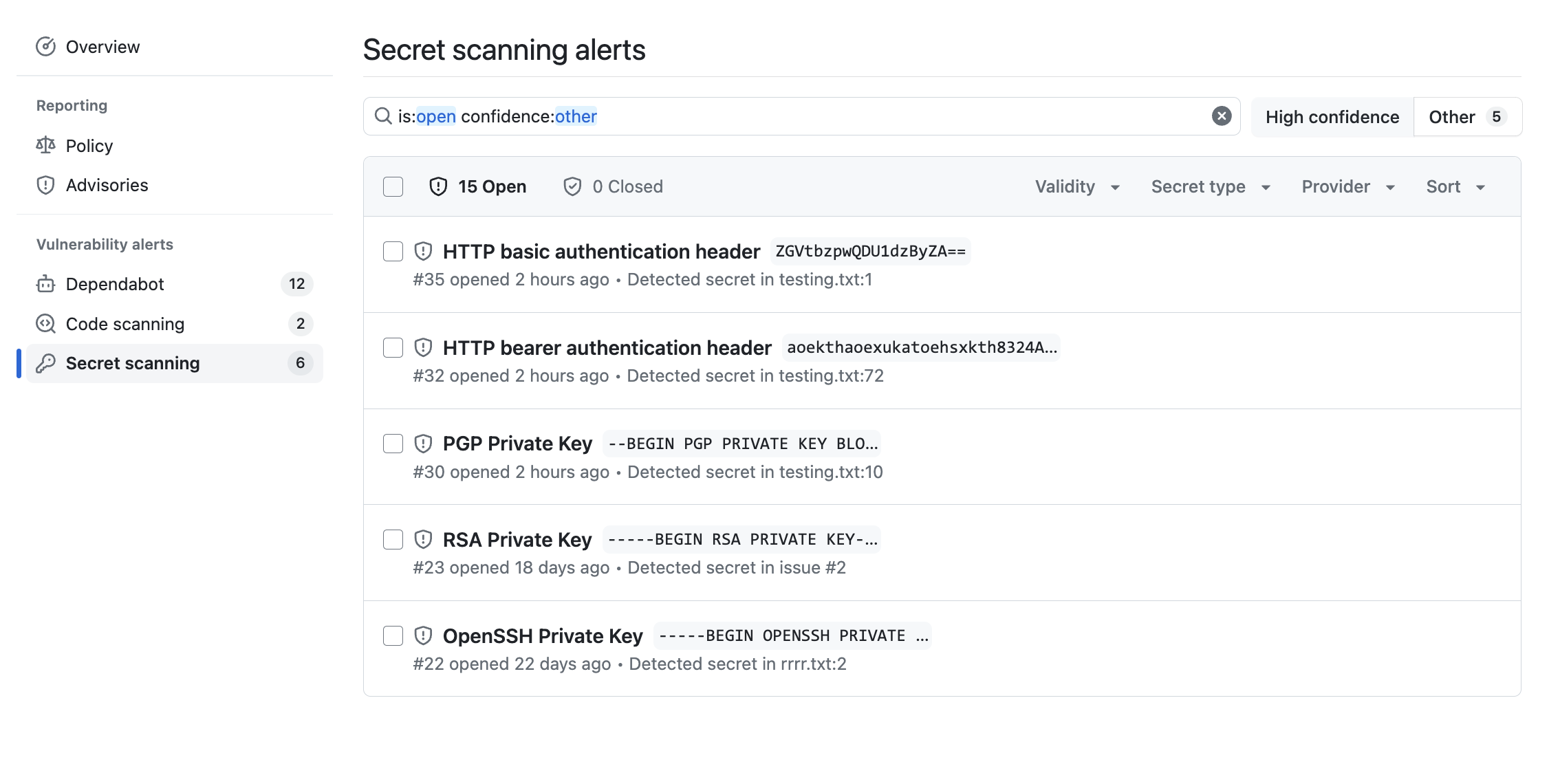 screenshot of secret scanning alerts showing a tab called Other with alerts for five non-provider patterns