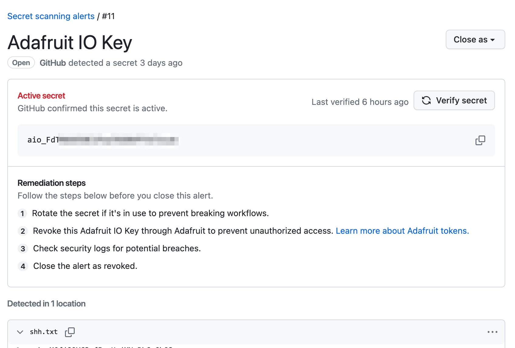 screenshot of an adafruit io key alert with a verify secret button
