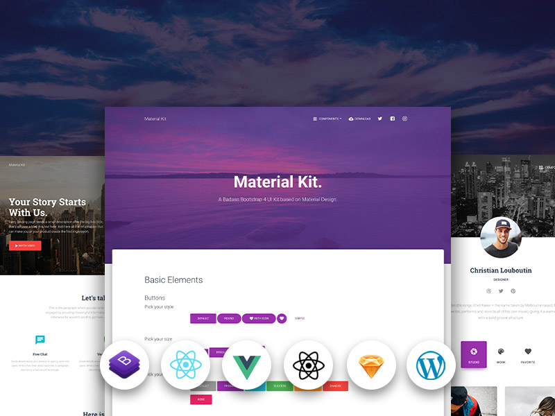 UI Kits design idea #333: Material Kit - Free and Open Source UI Kit for Bootstrap 4, React, Vue.js, React Native