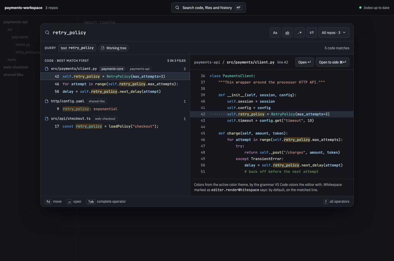 Mock 43: Syntax colors and whitespace: code in the theme's colors, by VS Code's grammars