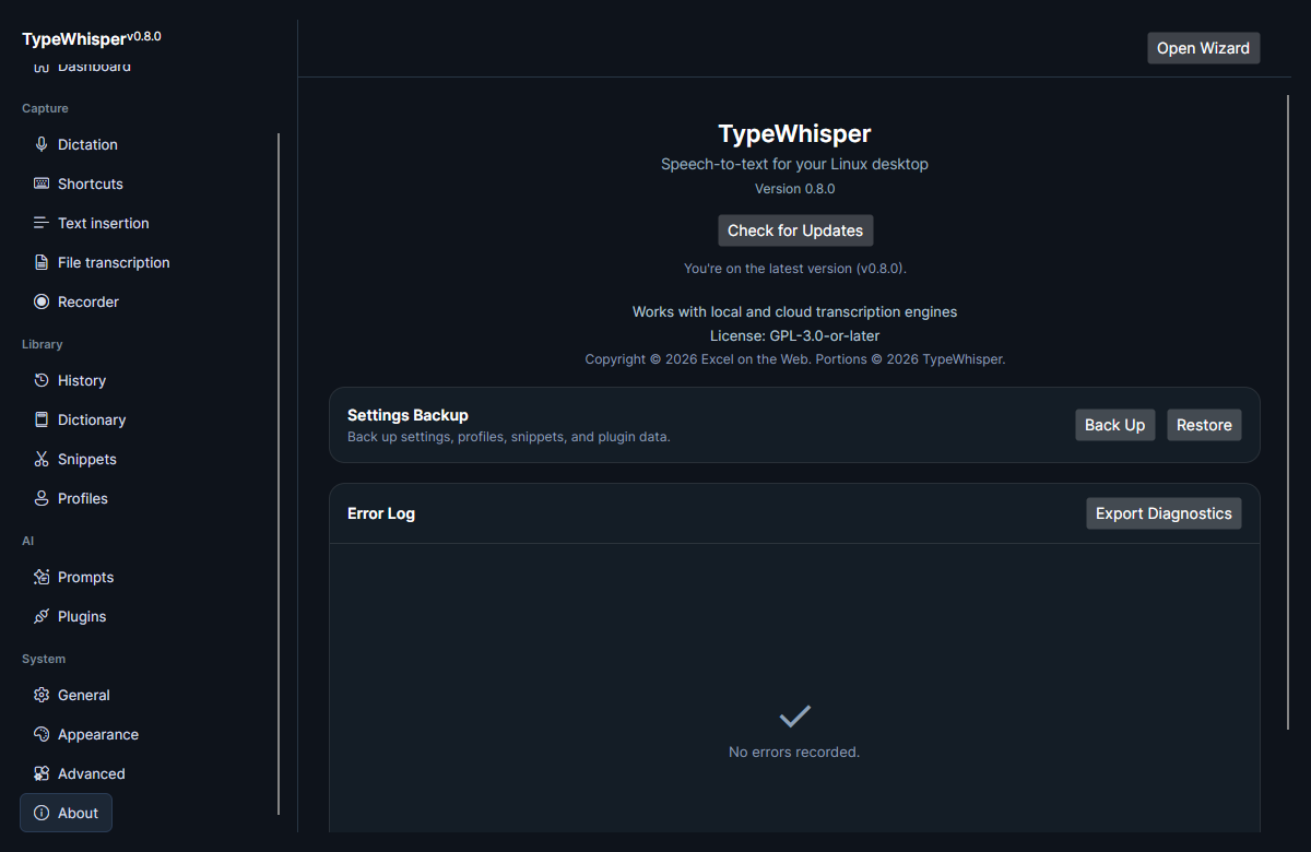 The About page: version (0.8.0), Check for Updates, the GPL-3.0-or-later / copyright line, the Settings Backup card, and the Error Log