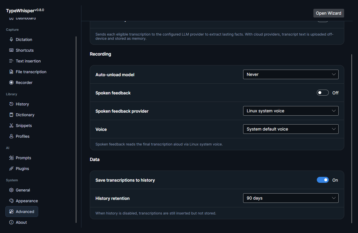 The Data section: Save transcriptions to history, and History retention set to 90 days
