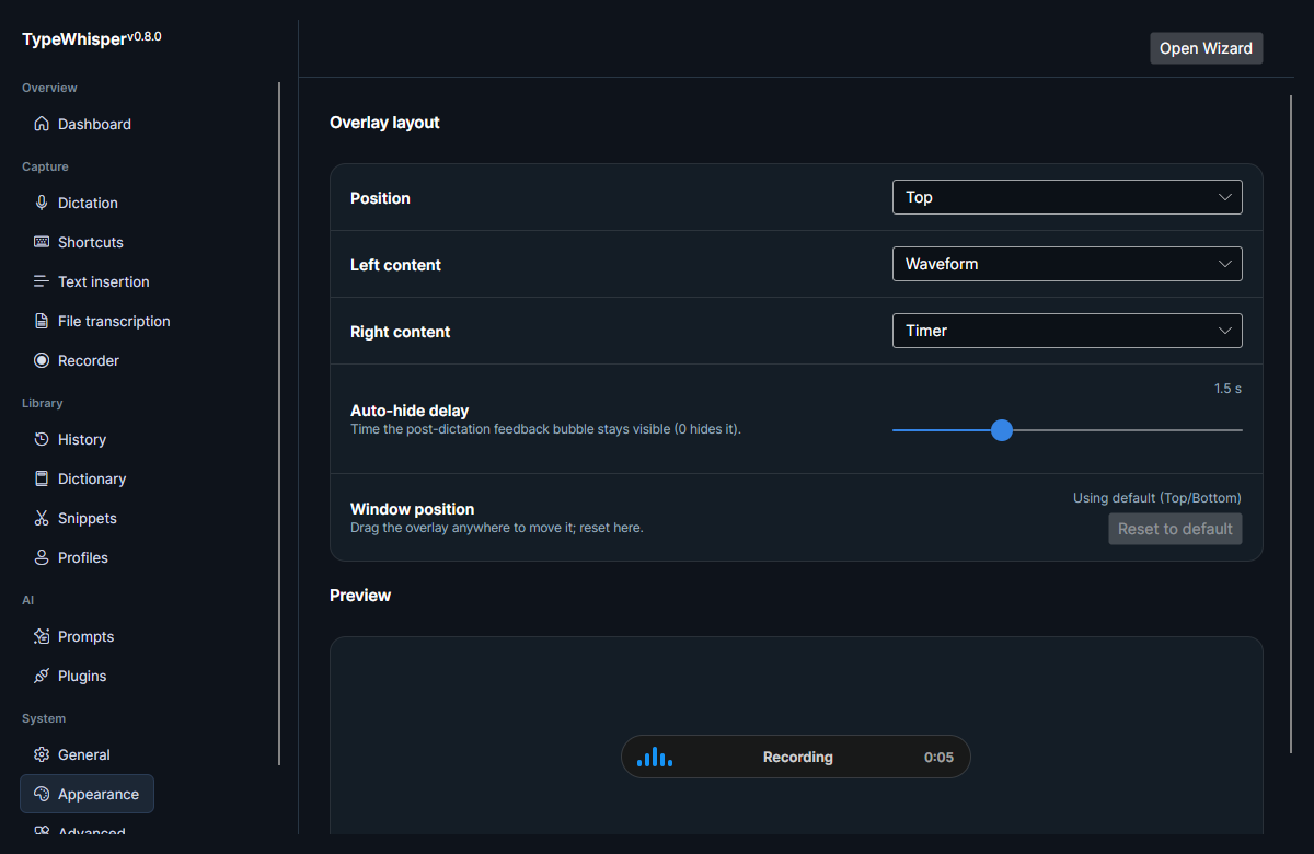 The Appearance page: overlay layout controls (Position, Left content, Right content, Auto-hide delay, Window position) and a live Preview of the recording overlay bubble