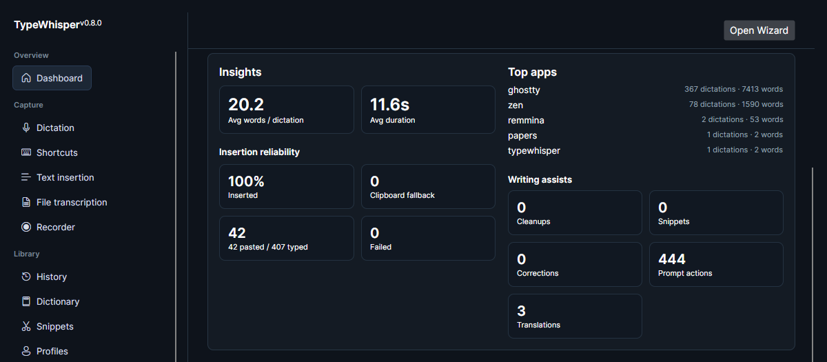 Insights, insertion reliability, top apps, and writing-assist counters