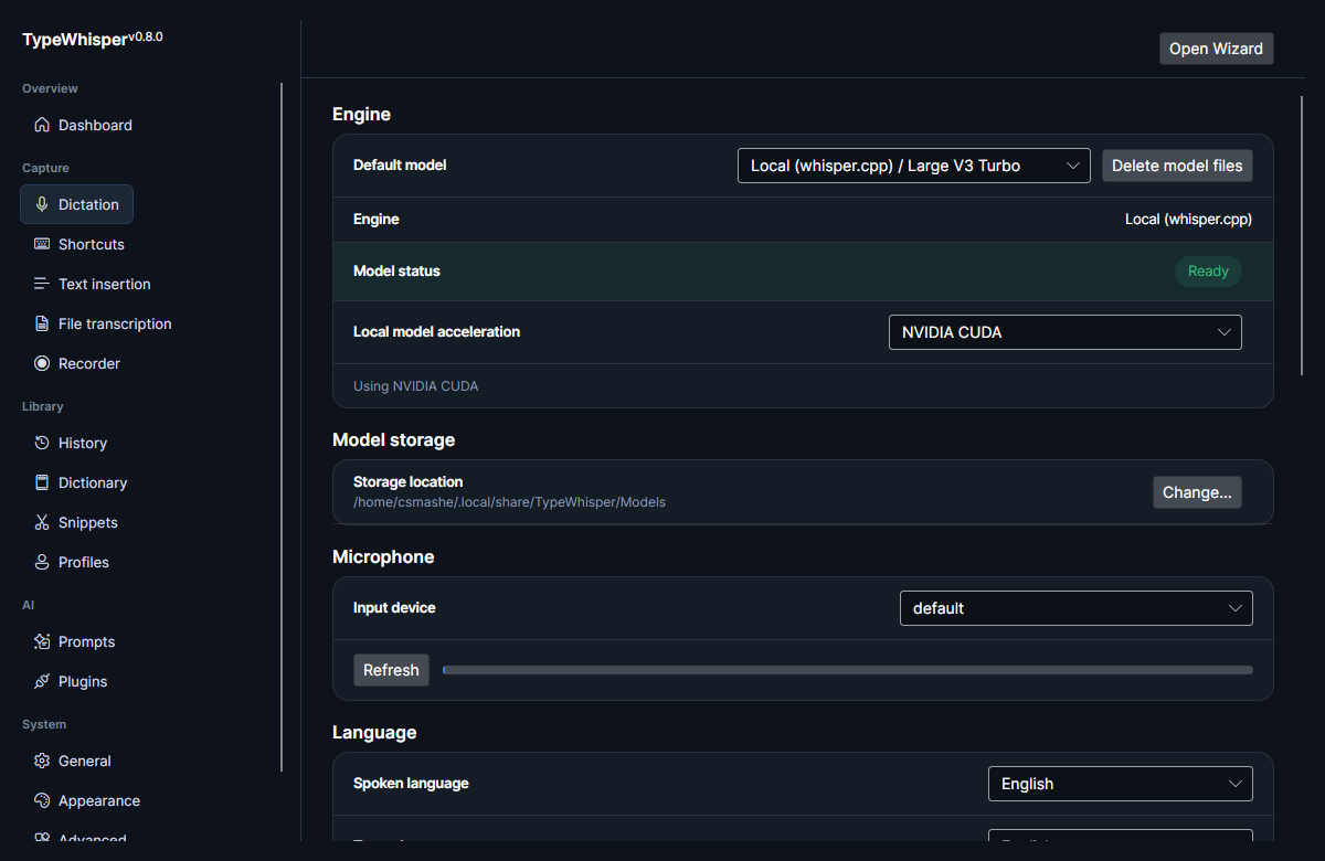 The Engine section of the Dictation page: model selection, engine, model status, and local model acceleration (NVIDIA CUDA)