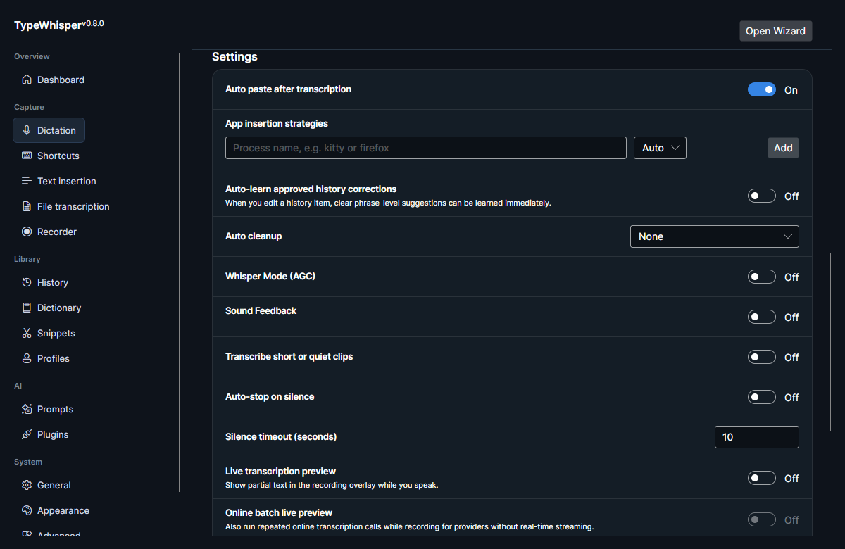 Dictation settings: auto-paste, per-app insertion strategies, auto-cleanup, Whisper Mode, Sound Feedback, short-clip handling, and silence auto-stop