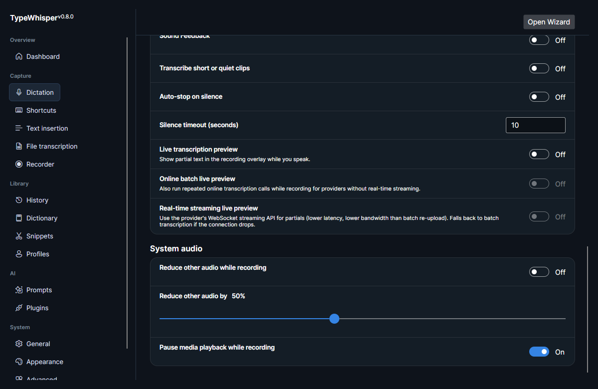 Streaming live-preview options and the System audio controls — reduce other audio while recording (ducking) and pause media playback