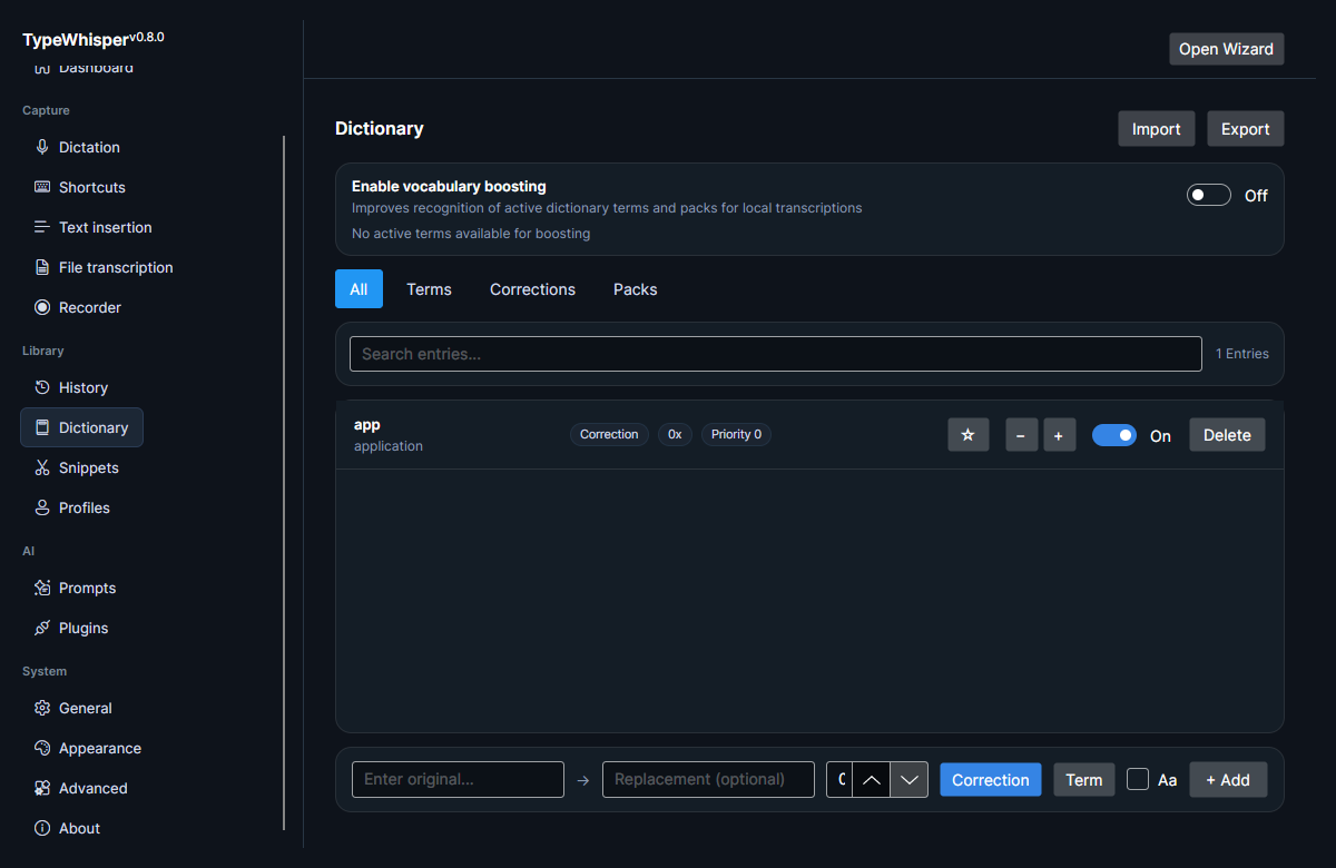 A learned dictionary entry — "app → application" — a Correction-type entry with a CorrectionSuggestion source, showing its priority, times-applied counter, star, and enable toggle