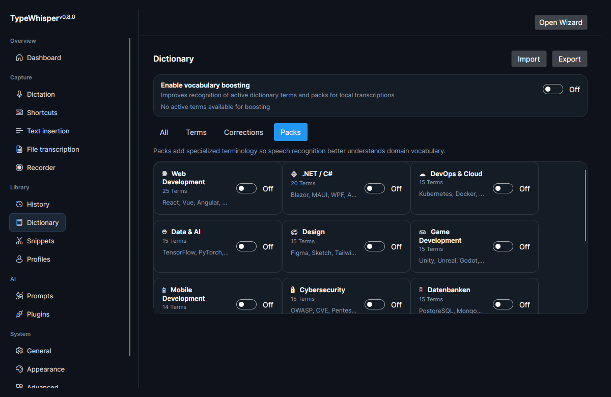 The built-in term packs (Web Development, .NET / C#, DevOps & Cloud, Data & AI, Design, Game Development, Mobile, Cybersecurity, and more), each with a term count and an enable/disable toggle
