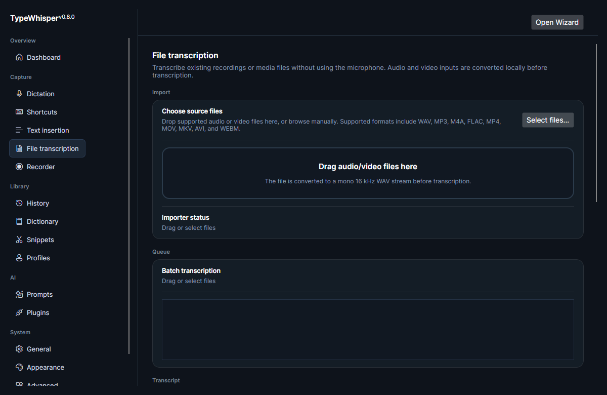 The File transcription page: the import drop zone with supported formats, and the batch transcription queue
