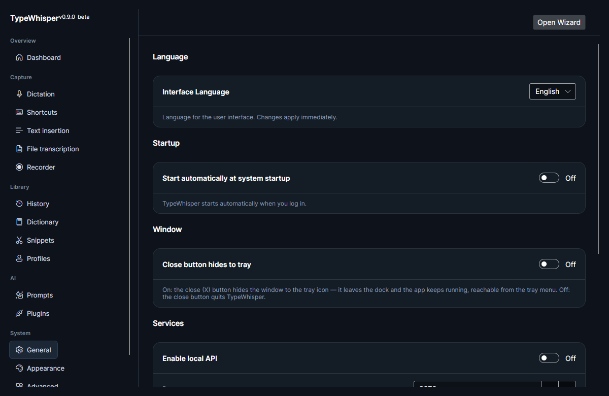 The General page: Language (Interface Language selector), Startup, Window (close-to-tray), and the Services section