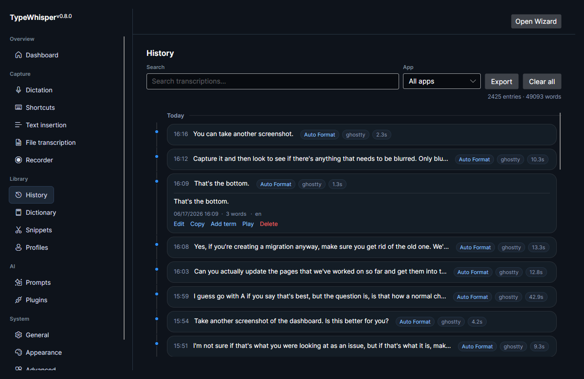 An expanded history entry showing its full text, metadata (date, word count, language), and per-entry actions: Edit, Copy, Add term, Play, and Delete
