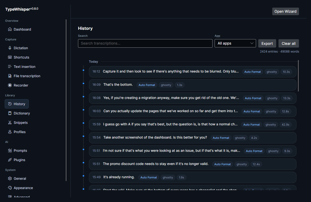 The History page: search box, app filter, Export / Clear all, the entry counter, and the timeline of recent transcriptions